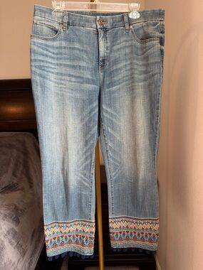 Chico's Light Blue Jeans with Colorful Embroidered Pom Pom Hem - Size 14 / 2.5